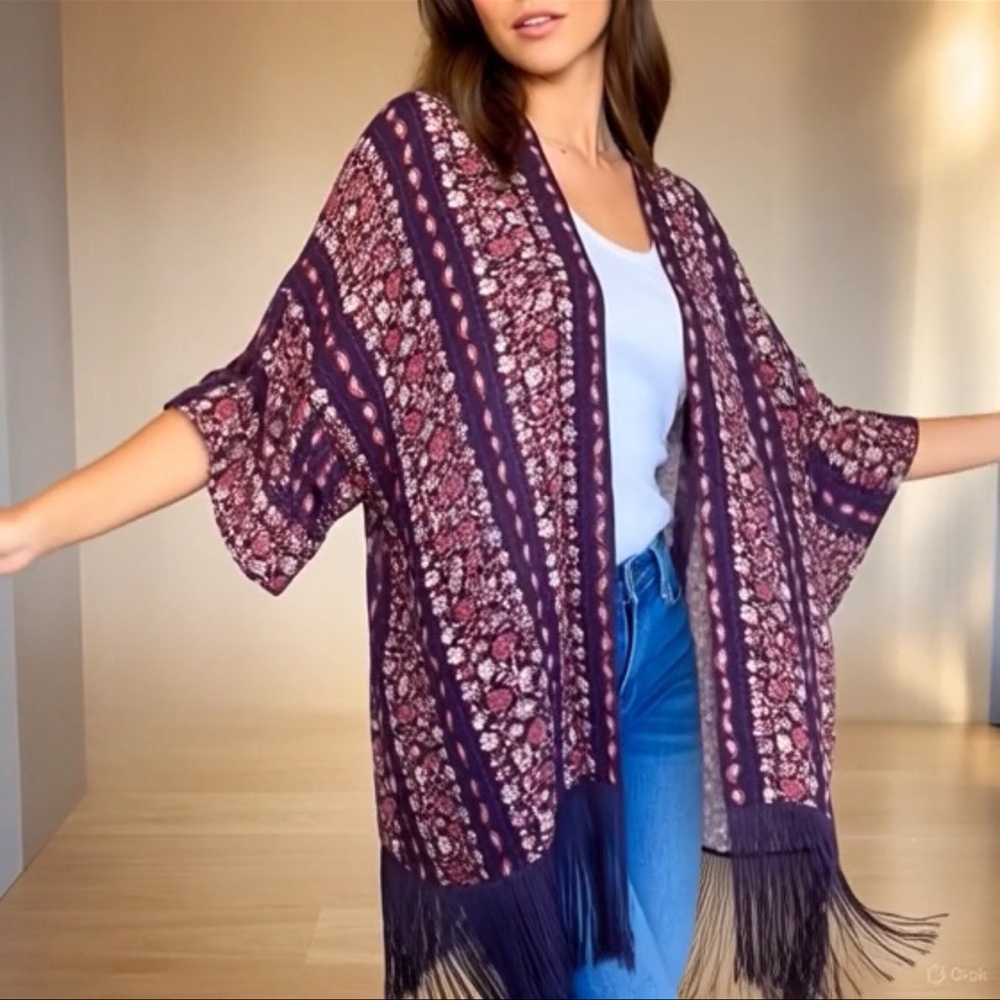 Bongo Blue Red White Scarf Print Fringe Kimono Jacket Women Juniors S/M - Picture 4 of 11